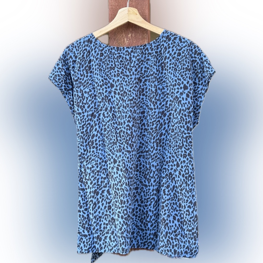 Como Vintage Blue and Black Animal Print Wrap Blouse